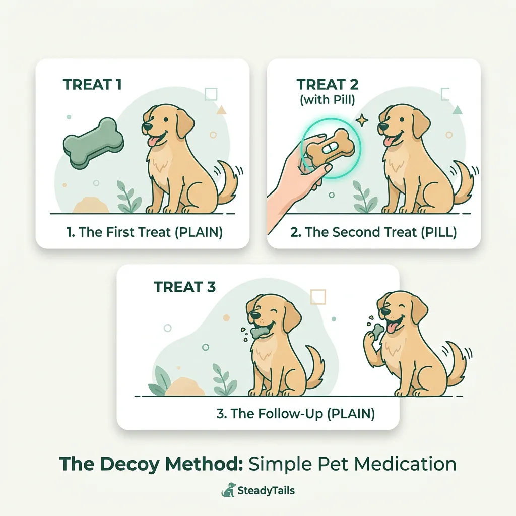 Step-by-step illustration of the three-treat decoy method: a plain treat, a treat with a hidden pill, then another plain treat