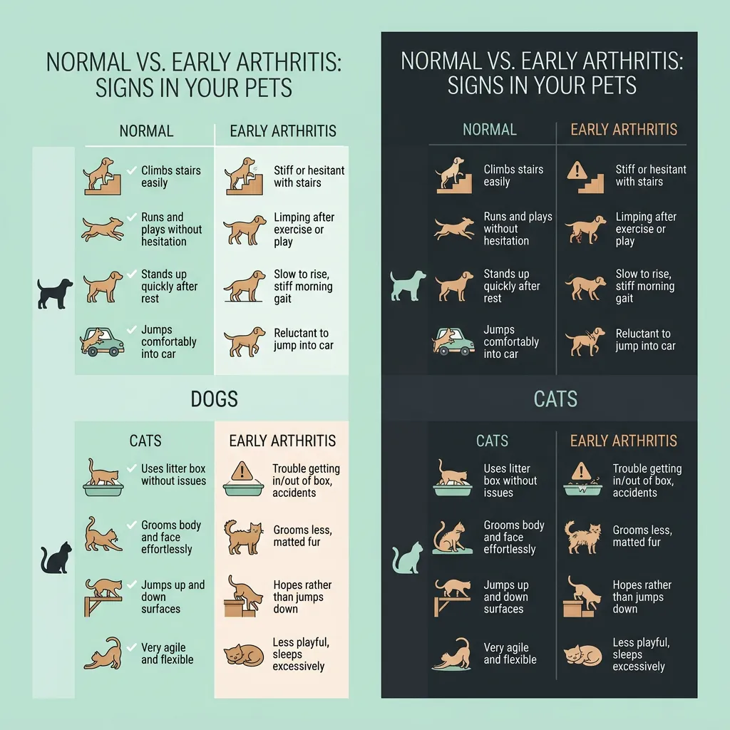 Side-by-side checklist comparing normal pet behaviors with early arthritis warning signs for dogs and cats