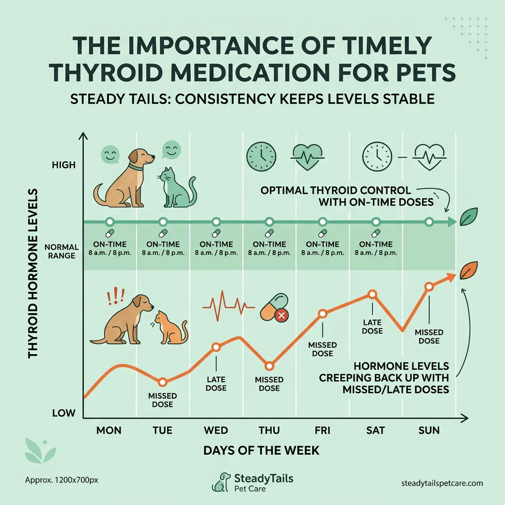 Diagram of a steady twice-daily every-12-hour dosing timeline compared with the hormone rebound that follows a missed or late methimazole dose