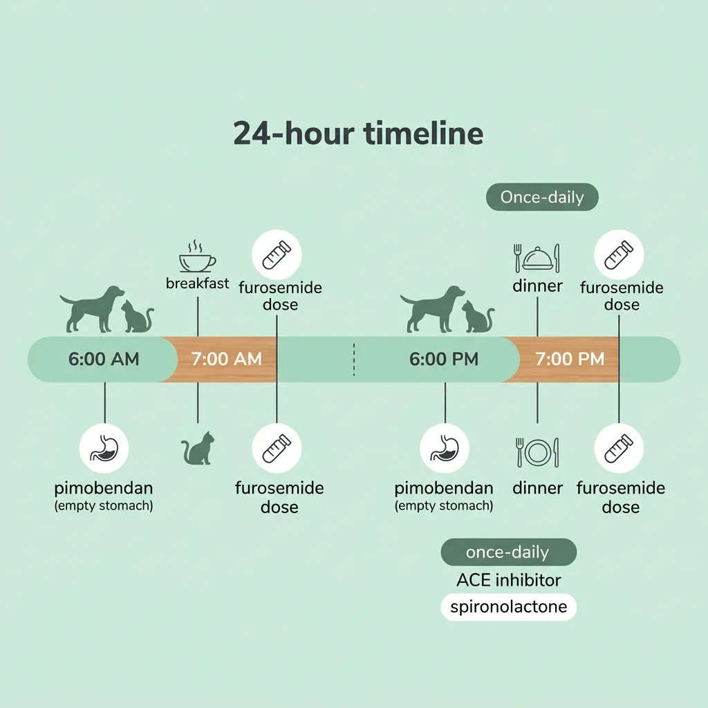 A 24-hour timeline showing a dog's heart failure medication schedule, including pimobendan given on an empty stomach one hour before breakfast and dinner, with furosemide every twelve hours