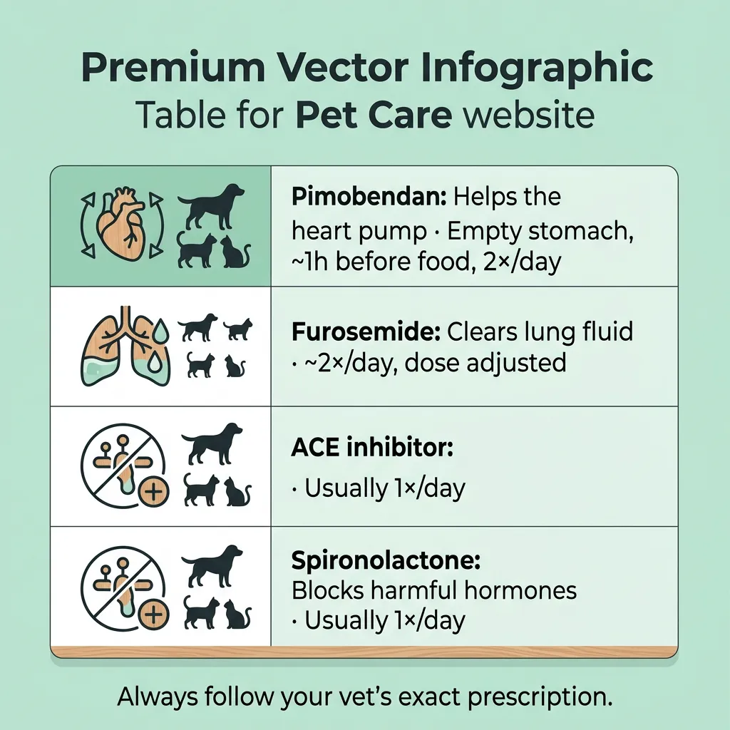 A table-style diagram summarizing four canine heart failure medications, what each one does, and its typical timing