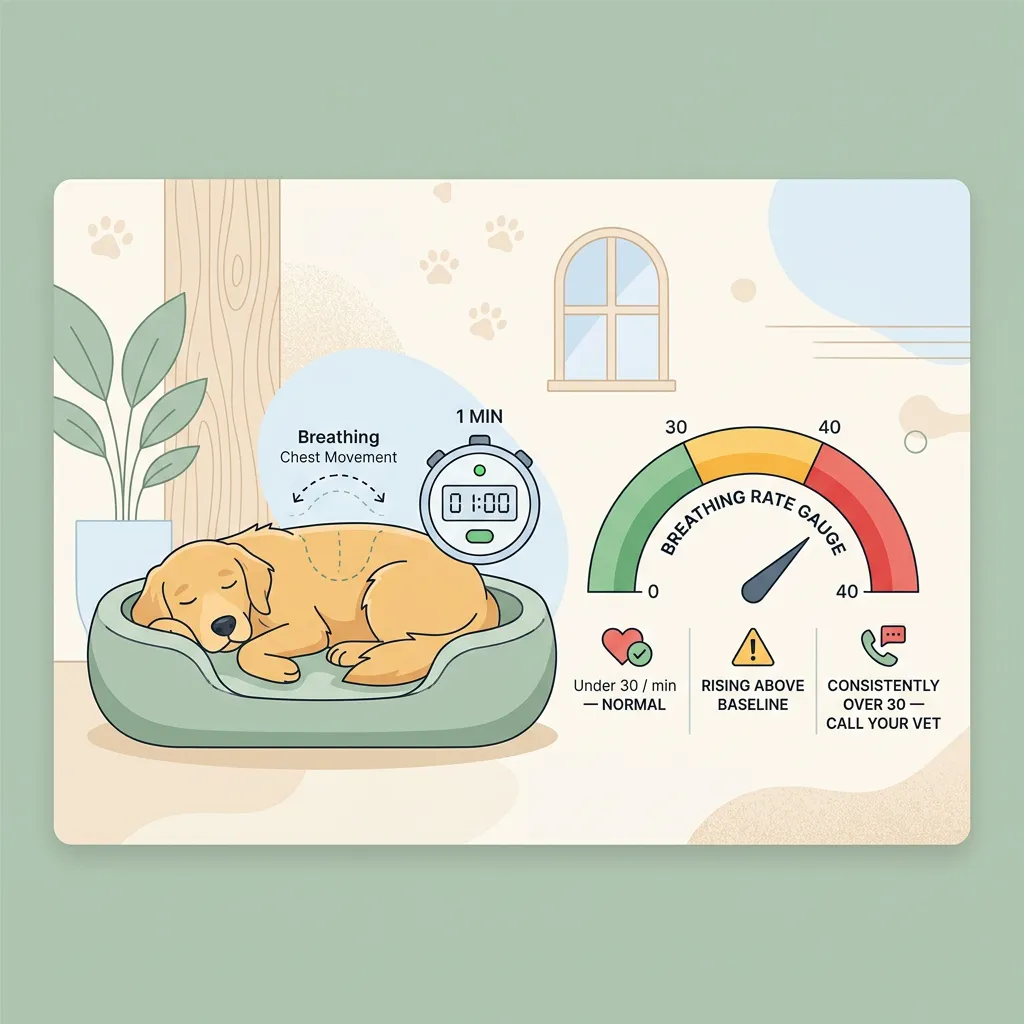 An illustration showing how to count a sleeping dog's breaths, with a simple gauge marking under 30 breaths per minute as normal and over 30 as a reason to call the vet