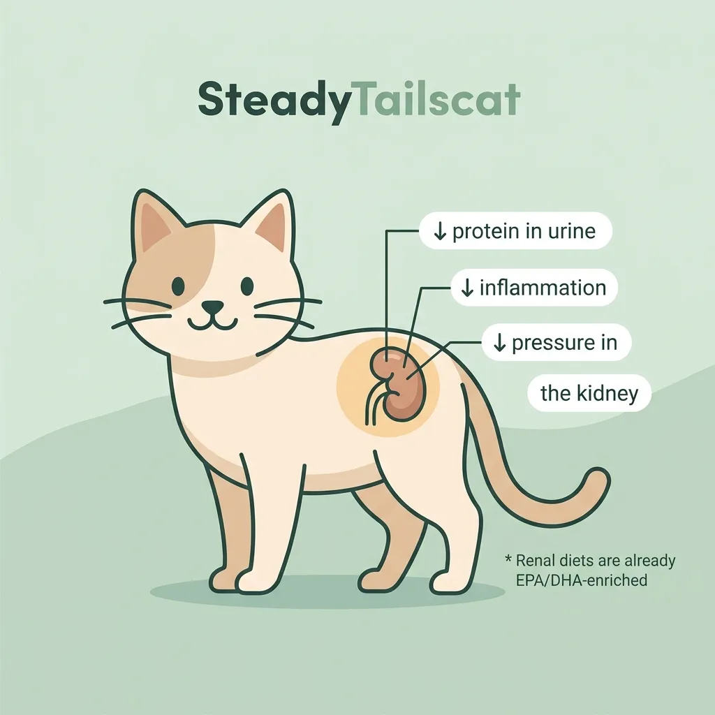 Illustration of a cat kidney with callouts showing how omega-3 fatty acids reduce proteinuria and inflammation