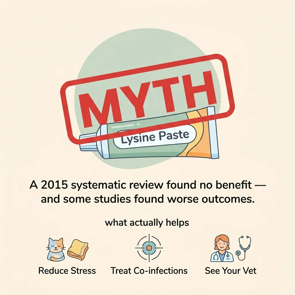 Myth-busting graphic showing that the lysine theory for feline herpesvirus is not supported by evidence