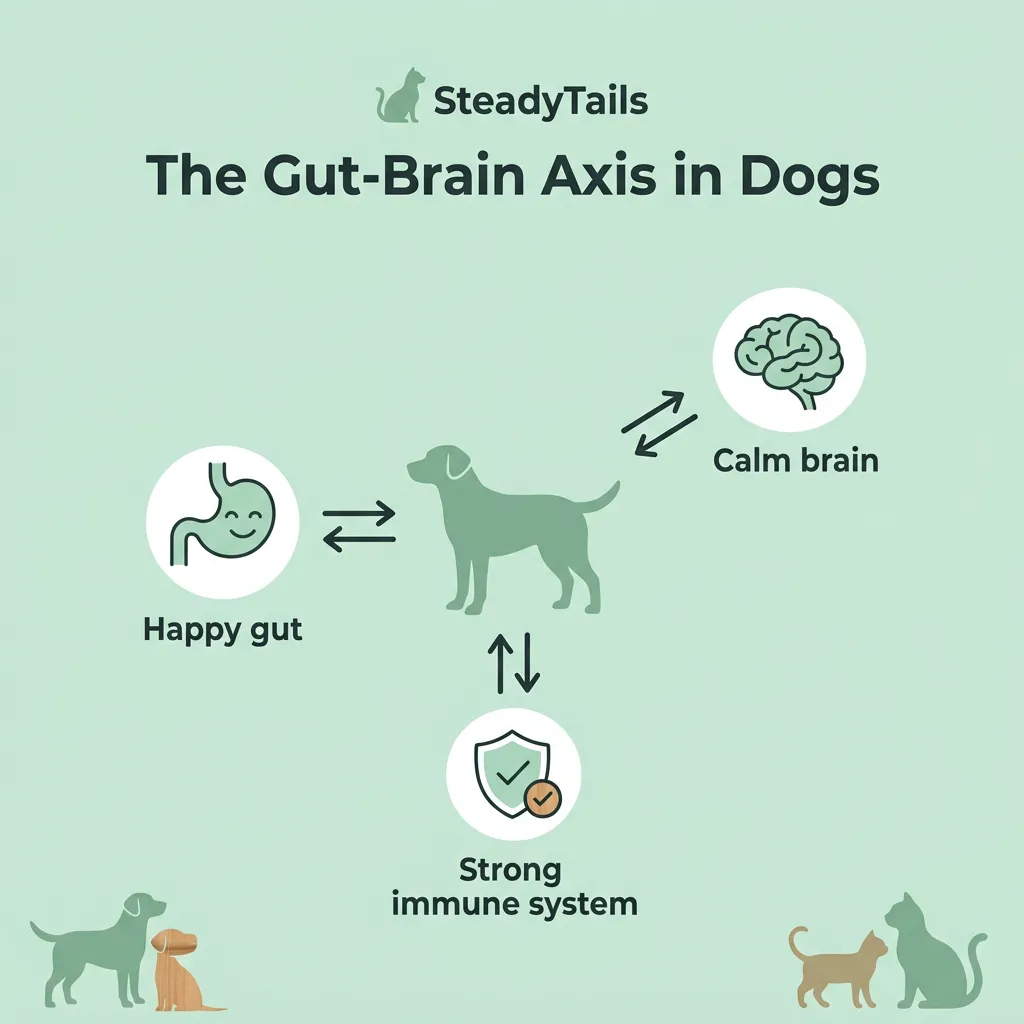 Illustration of a dog's digestive system highlighting where probiotics and postbiotics act in the gut