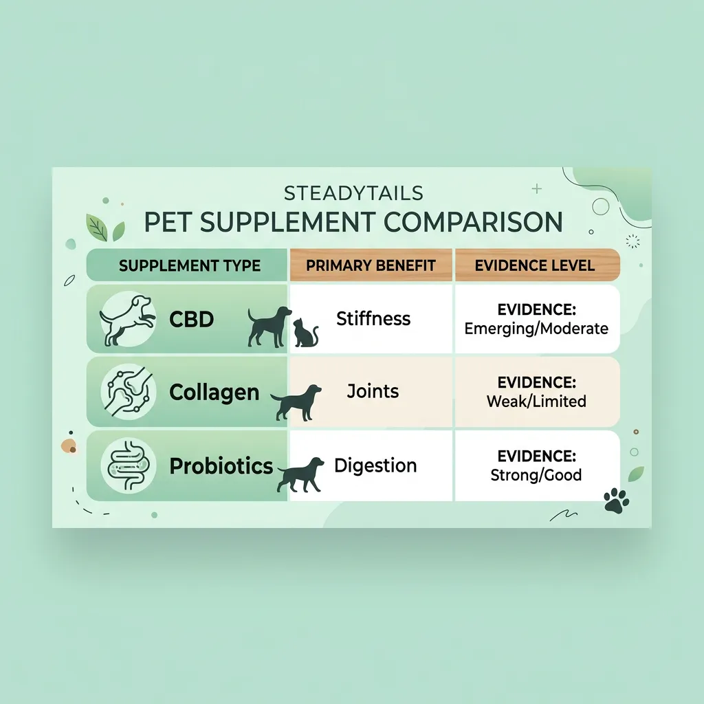 Scorecard infographic grading five dog supplement trends for 2026 as fact, myth, or emerging