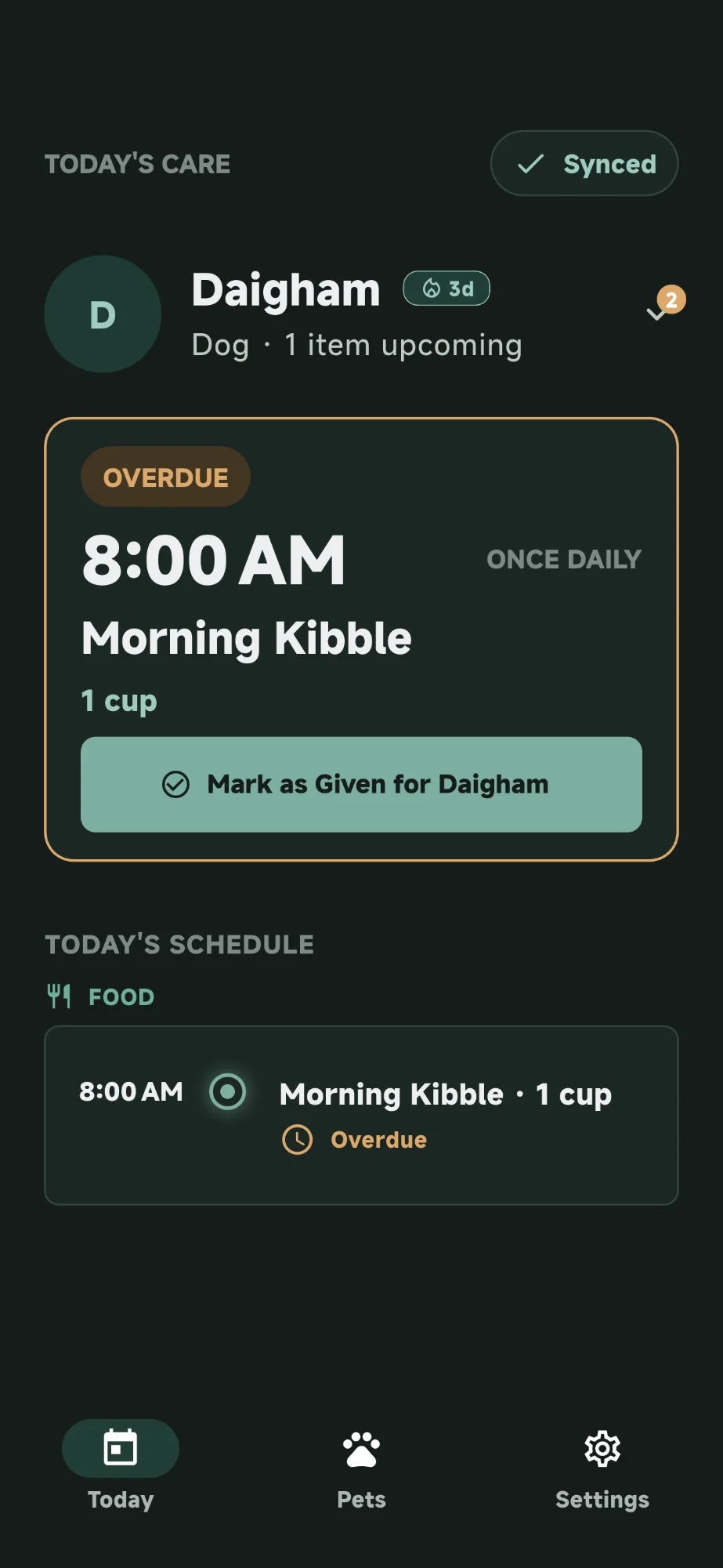 SteadyTails Today view showing a shared daily medication schedule with a dose marked Given by Alex, an upcoming dose with a one-tap Mark as given button, and caregiver avatars (dark mode)